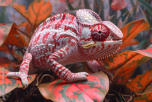 Vibrant Chameleon on Colorful Autumn Leaves in Natural Setting