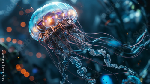 Cyberpunk jellyfish in the sea. Tubes and mechanical parts of jellyfish tentacles