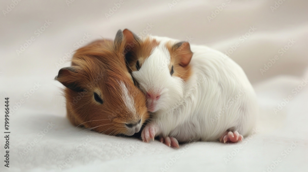 Two guinea pigs are snuggled close together on a white blanket