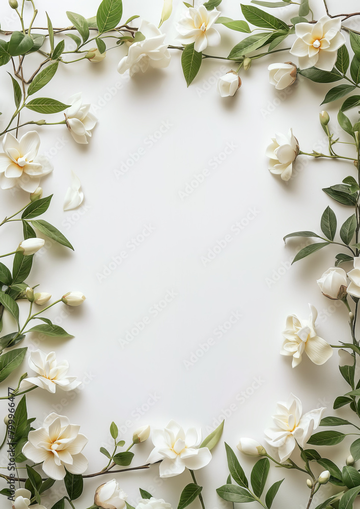 Naklejka premium A frame of white gardenia flowers on a white background