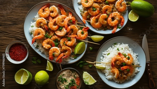 A tempting Asian-style spread: shrimp and rice on wooden table, limes on skewers, pickled peppers, spoons, and knife nearby. Fresh, vibrant, and delicious!