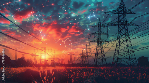 a decentralized energy grid where peer-to-peer energy trading occurs on a blockchain platform, empowering communities to generate and share renewable energy. photo