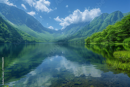 A serene lake nestled between lush green mountains, reflecting the clear blue sky above.