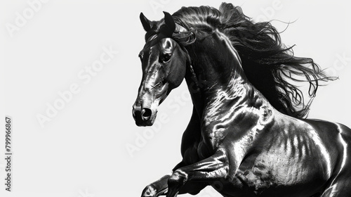 A powerful black and white horse captured mid-gallop, showcasing its strength and grace in motion