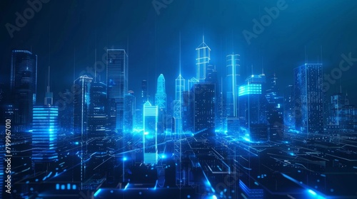 Abstract futuristic city skyline with glowing hologram buildings on a dark blue background