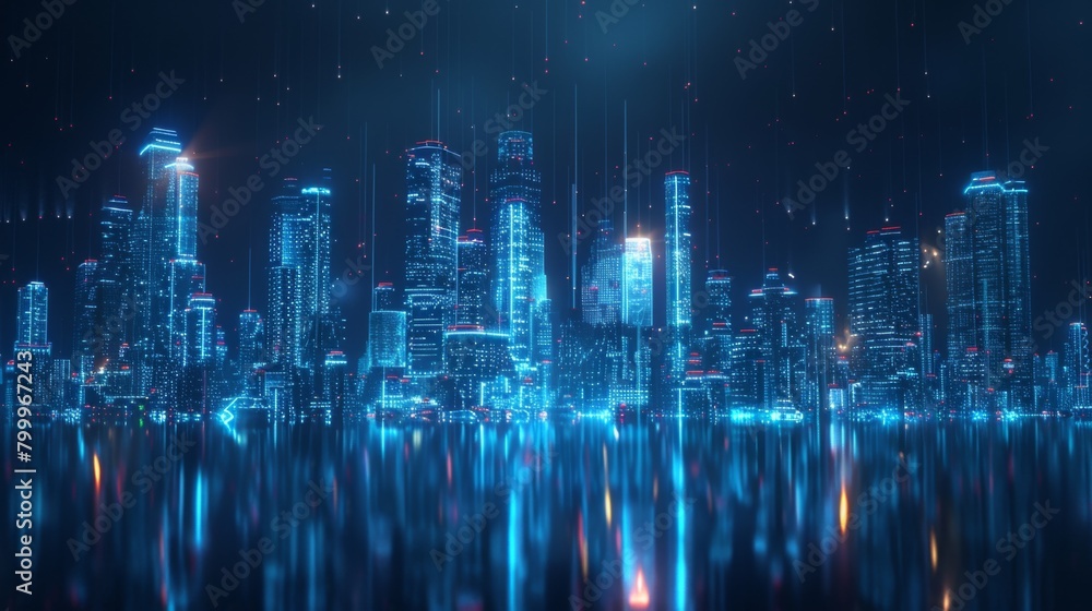 Abstract futuristic city skyline with glowing hologram buildings on a dark blue background