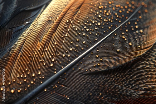 Extreme close-up of a bird's feather, high-magnification with intricate textures photo