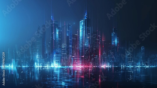 Abstract futuristic city skyline with glowing hologram buildings on a dark blue background