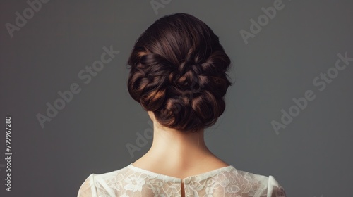 Back view of a woman with an intricate braided hairstyle and elegant lace dress.