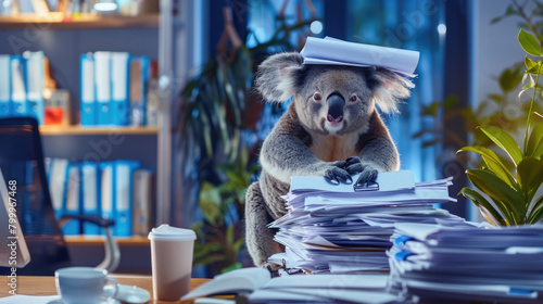 Fototapeta Naklejka Na Ścianę i Meble -  A koala perched atop a stack of papers, looking curiously at the surroundings