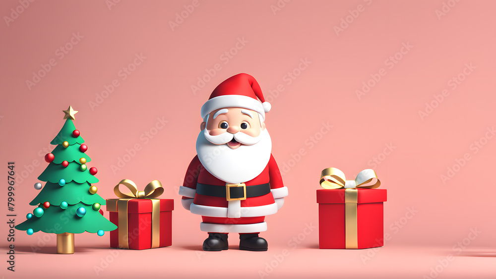 A cartoonish Santa Claus stands in front of a Christmas tree and two red boxes A cartoonish Santa Claus stands in front of a Christmas tree and two red boxes