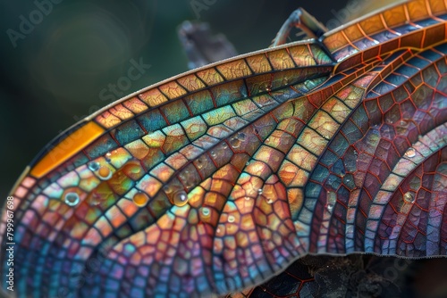 Extreme close-up of a dragonfly's wing, high-magnification with intricate structures