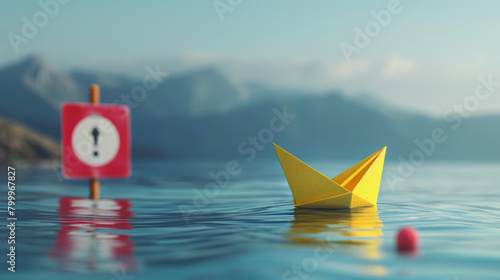 A bright yellow paper boat floats near a no-entry sign in calm waters with mountains in the background, depicting limitations photo