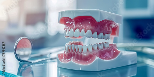 Dentist's orthodontic dentistry teachng model with gums, tooth enamel and plaque. photo