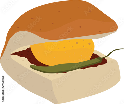 Indian street food Vada Pav vector Illustration, Indulge in the flavors of Mumbai's streets with our Vada Pav vector illustration. Perfect for menus, posters, or culinary designs and more