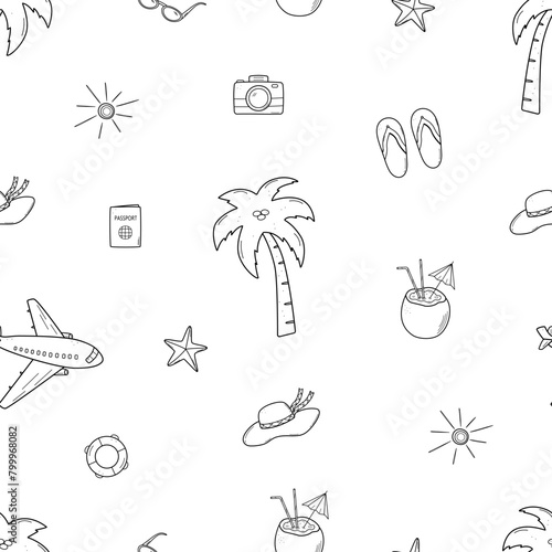 Seamless pattern beach holiday concept. Vector illustration of palm tree airplane cocktail hat, background wallpaper summer trip. © Elenglush