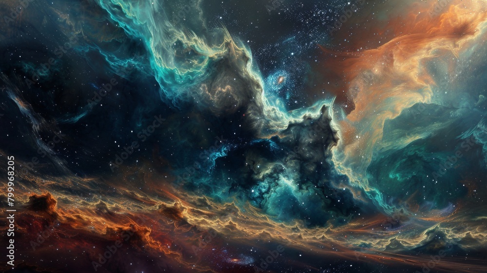 A nebula resembling a celestial ocean with swirling waves and hidden bioluminescent creatures A nebula resembling a celestial ocean with swirling waves and hidden bioluminescent creatures