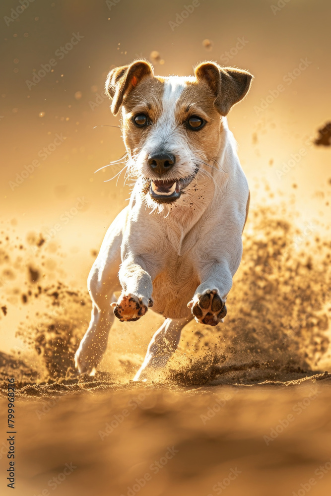 A small dog energetically runs through a dirt field, kicking up dust and dirt as it moves A small dog energetically runs through a dirt field, kicking up dust and dirt as it moves