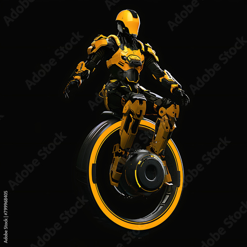  A modern realistic icon, with a soldier in yellow and black sci-fi armor standing on an single wheel armored vehicle in the air on black background