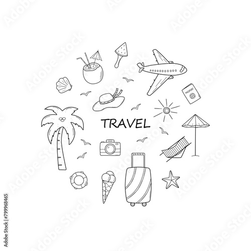 Set of summer travel doodle style icons. Vector illustration of the elements of tourism and beach holidays. © Elenglush