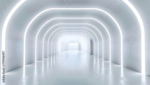 Abstract white background with glowing neon light tunnel and empty space for product presentation