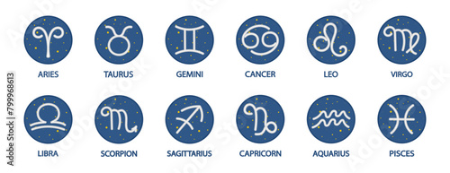 Set of horoscope icons, zodiac signs with starry sky. Collection of astrology symbols isolated. Star signs on round shape for astrology horoscope, astrological calendar. Flat vector illustration photo