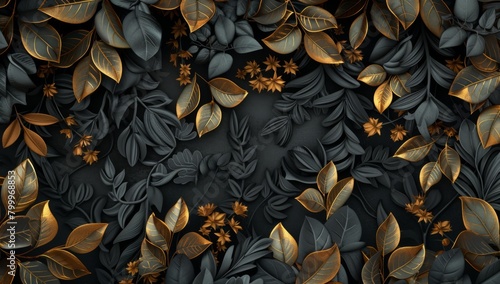 Abstract vector illustration of plants and leaves in gold