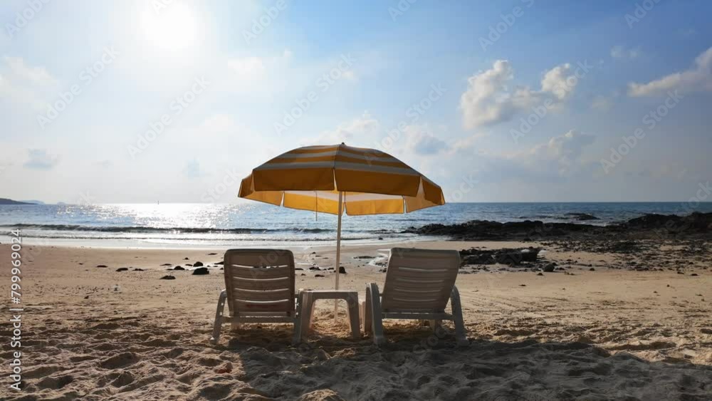 Beach Chair on seashore at dawn. Holiday background. 4K Slow motion. Beach Chair on seashore at dawn. Holiday background. 4K Slow motion.