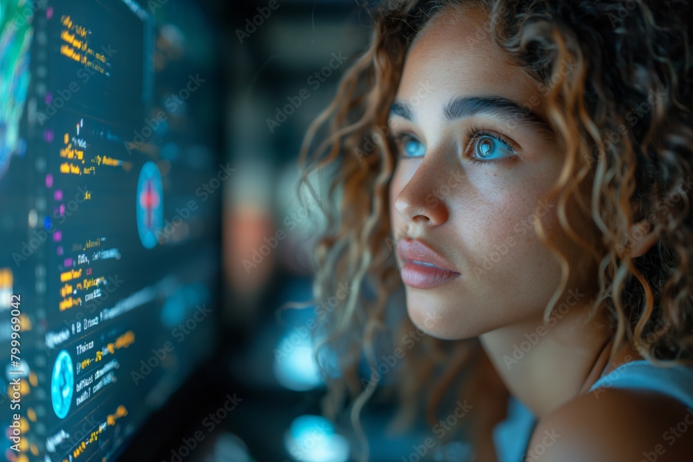 Curly-haired woman analyzing code on screen Curly-haired woman analyzing code on screen