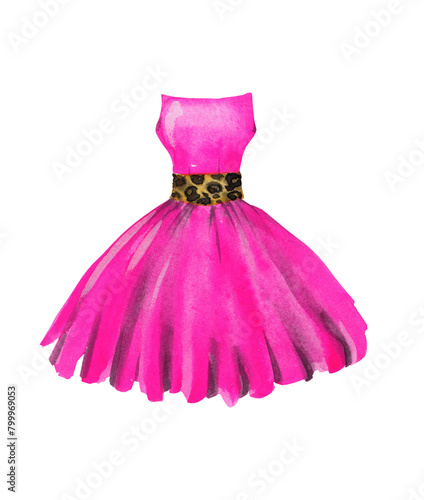 pink dress, leopard print belt, full skirt, hand drawn in watercolor for stickers, magazines, decoration