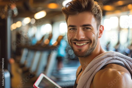 Gym Trainer in a Fitness Center Looks Happy at Camera with Tablet