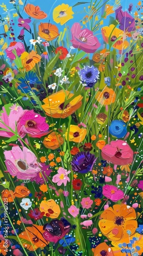 Realistic pop art meadow in full bloom  vibrant wildflowers  bold colors  stylized grass blades  yet realistic textures