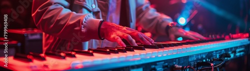 Keyboardist immersed in the music, close-up on hands and keys during an intense rock performance photo