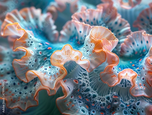 High-magnification view of a coral reef  intricate textures and structures  macro photography