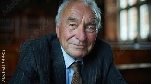 Close-up portrait of hardworking high court judge, smiling and staring at the camera in a British court setting. Man isolated against background. Bright clear day, juxtaposition of light and shadow © Goodwave Studio