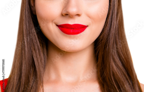 Chic charm pleasure lifestyle person concept. Cropped close up half faced view photo portrait of beautiful attractive sexual seductive tempting pretty ideal perfect color lipstick isolated background