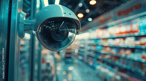 Store security camera in close-up, a watchful eye over the retail space, safeguarding against theft photo