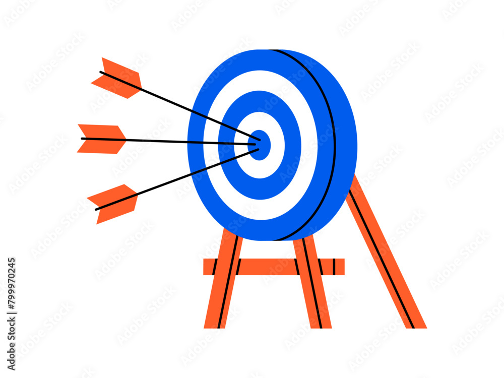 Hand drawn cute illustration of arrows hit center of target. Flat vector hit the bull's eye in doodle style. Successful business strategy icon. Goal achievement. Find problem solution. Isolated. Hand drawn cute illustration of arrows hit center of target. Flat vector hit the bull's eye in doodle style. Successful business strategy icon. Goal achievement. Find problem solution. Isolated.