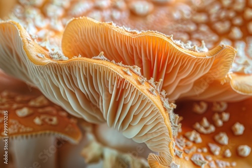 Extreme close-up of a mushroom's cap, high-magnification with intricate patterns