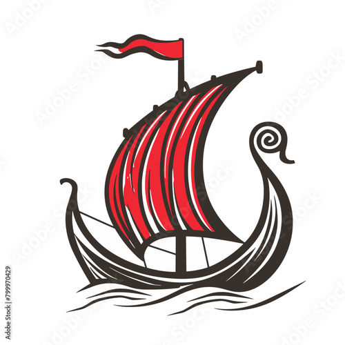 Viking ship, its red and black sail billowing in the wind