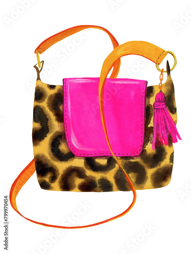 women's bag leopard color with pink, small with a belt, hand drawn in watercolors for stickers, magazines, decoration