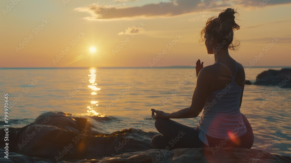 Yoga woman sitting on sea coast at sunset Yoga woman sitting on sea coast at sunset