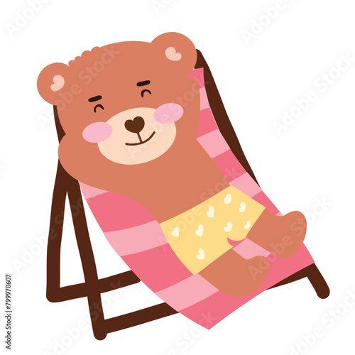 kawaii happy bear on summer season. swimming, eat watermelon, summer vacation