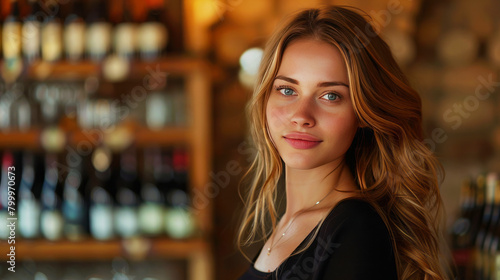 Beautiful young sommelier woman with confident gaze in upscale restaurant wine cellar