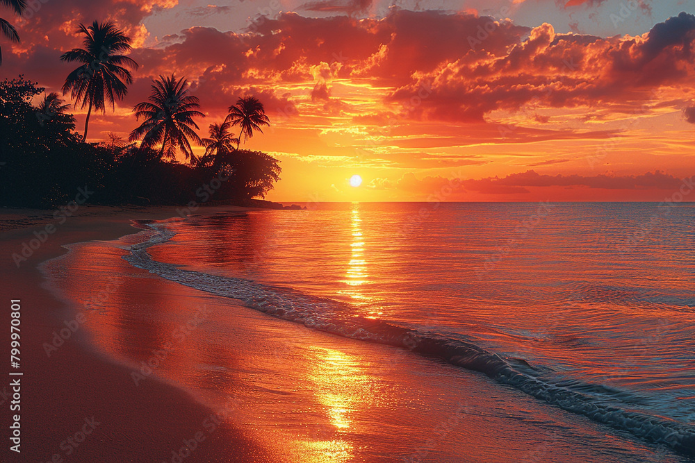 A vibrant beach sunset, with palm trees silhouetted against the orange sky.