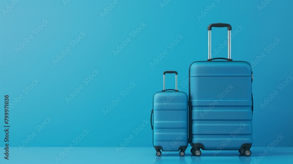 Obraz premium Two blue suitcases of different sizes against a matching blue background, ready for travel.