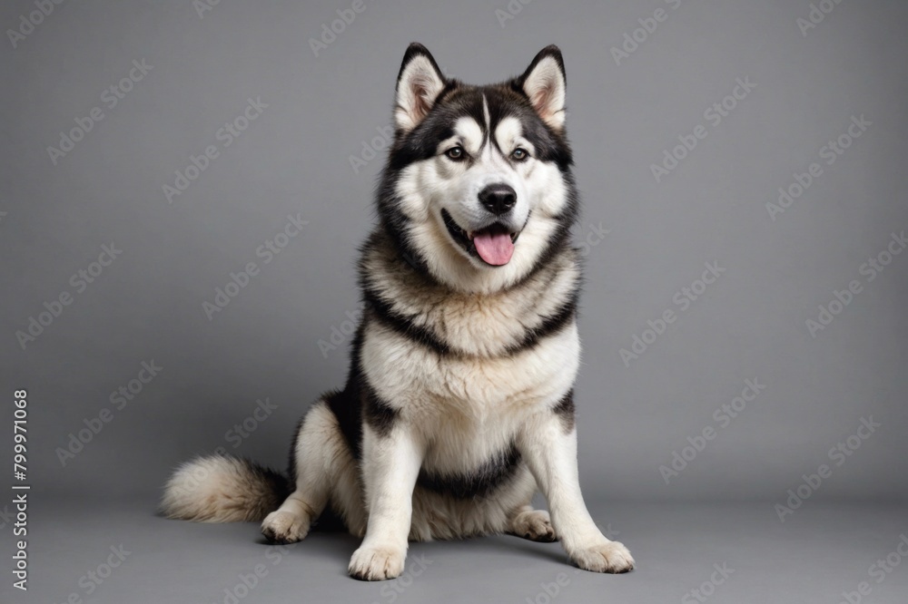 sit Alaskan Malamute dog with open mouth looking at camera, copy space. Studio shot.