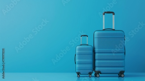 Two blue suitcases of different sizes against a matching blue background, ready for travel.