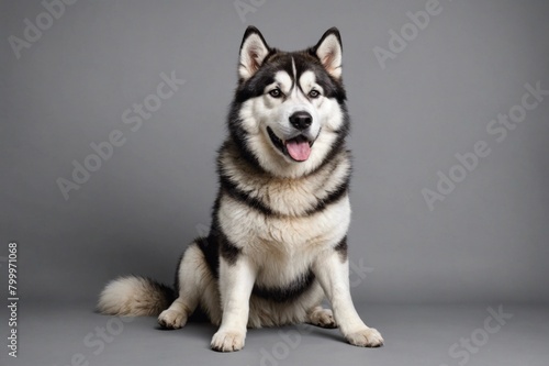 sit Alaskan Malamute dog with open mouth looking at camera  copy space. Studio shot.