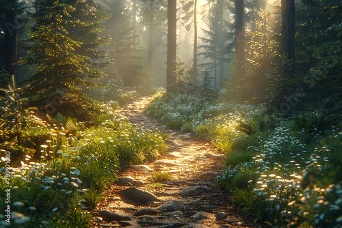 A winding hiking trail through a dense forest  dappled sunlight filtering through the trees.